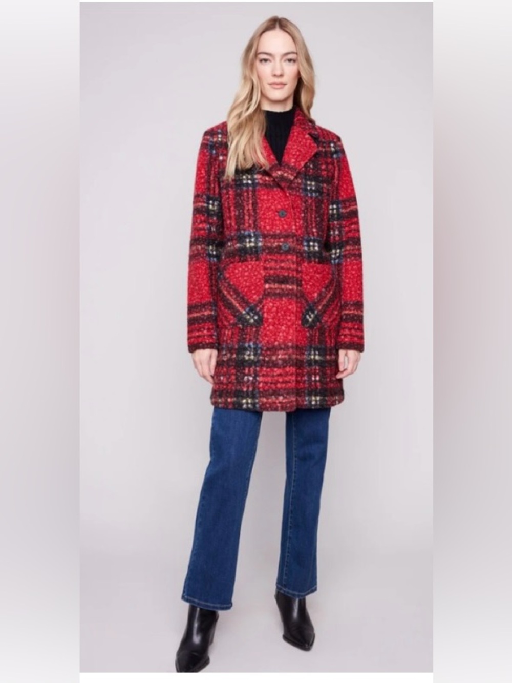 Charlie B Canadian Brand Red Plaid Bouclé Pea Coat Size Medium